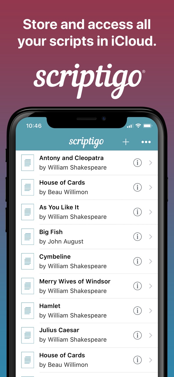 The Scriptigo script library on iPhone, listing plays and screenplays such as Antony and Cleopatra, House of Cards, and Big Fish.