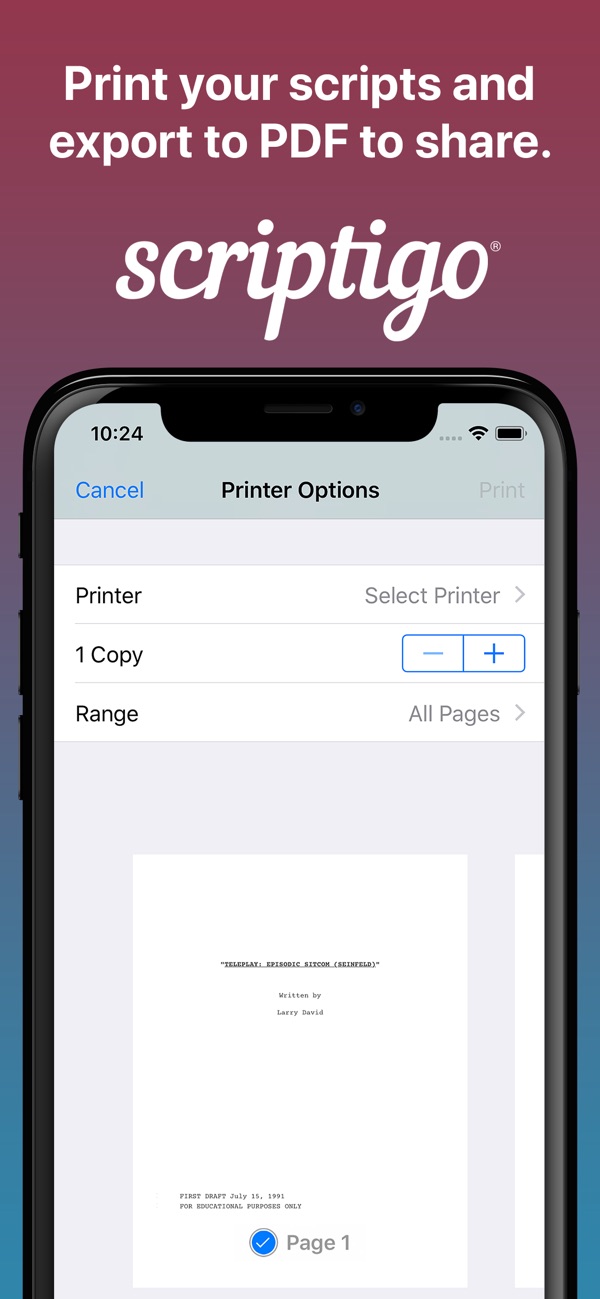 Print your scripts and export to PDF to share: the printer options screen.