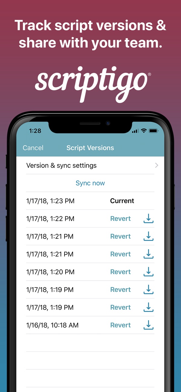 Track script versions and share with your team: a list of saved versions with Revert buttons.